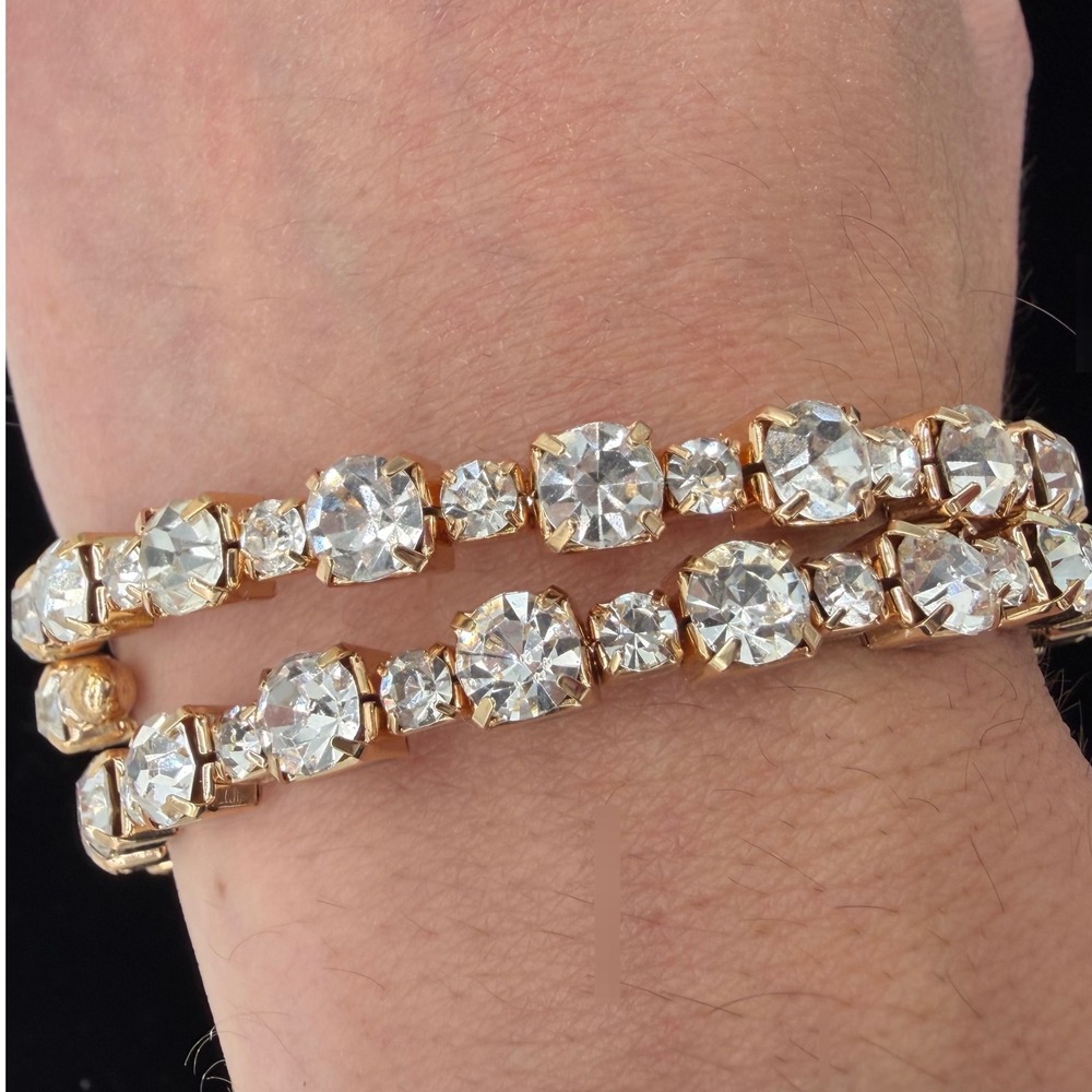 Vintage Clear Rhinestone Wrap Coil Bracelet Gold Tone Flexible Statement Glam